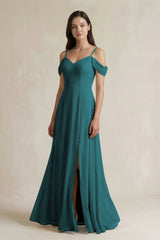 Off - the - Shoulder Chiffon A - Line Bridesmaid Dress in Pine - KISS BRIDAL Bridesmaid Dresses