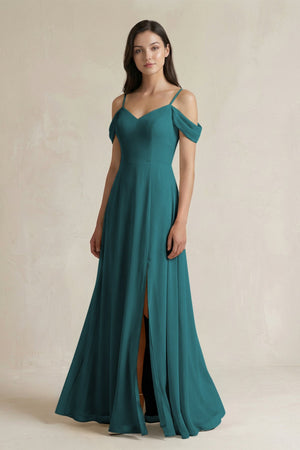 Off - the - Shoulder Chiffon A - Line Bridesmaid Dress in Pine - SHE IS ME Bridesmaid Dresses