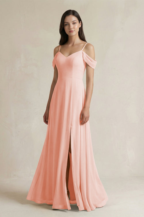 Off - the - Shoulder Chiffon A - Line Bridesmaid Dress in Rose Petal - SHE IS ME Bridesmaid Dresses