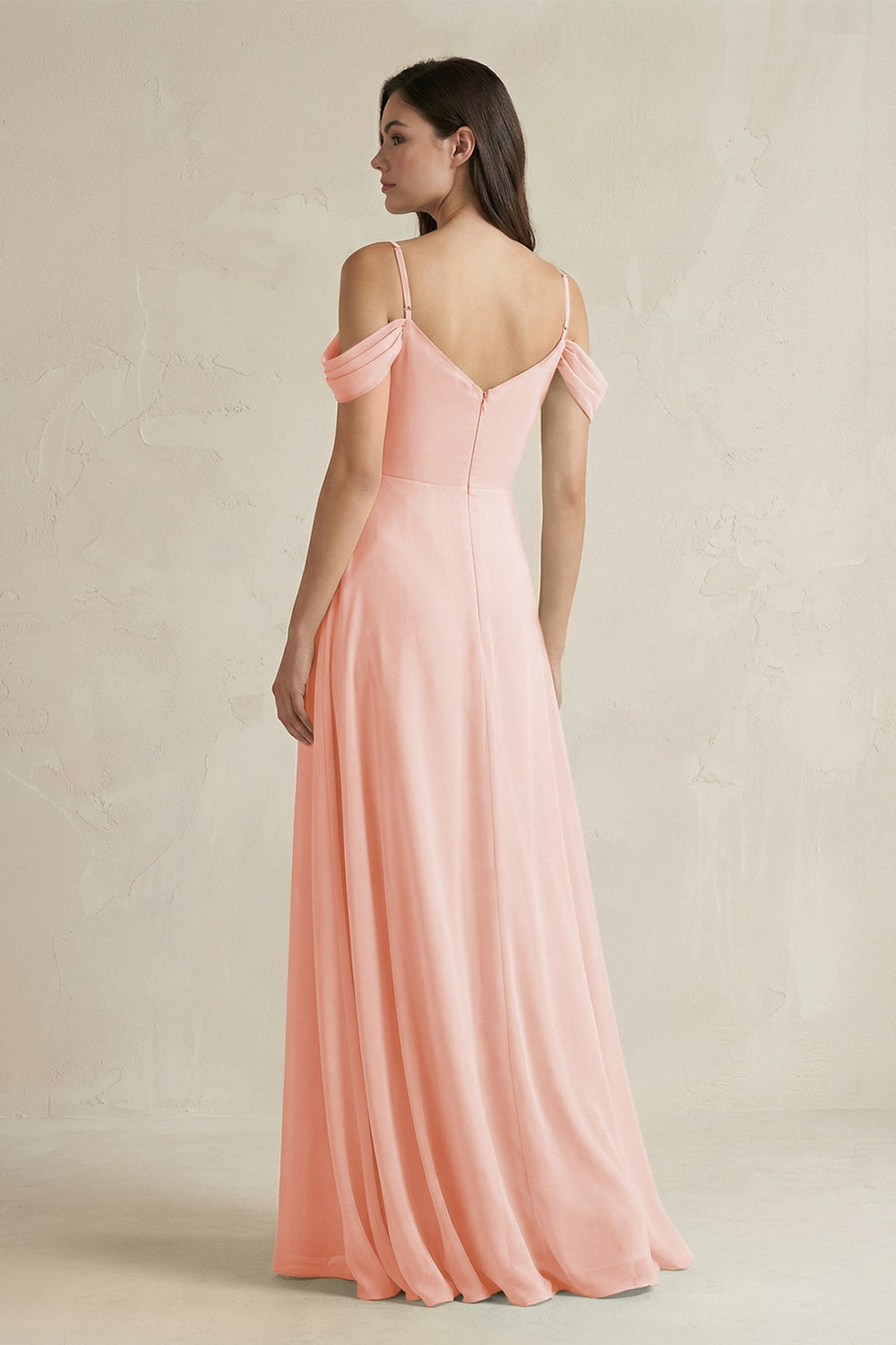 Off - the - Shoulder Chiffon A - Line Bridesmaid Dress in Rose Petal - SHE IS ME Bridesmaid Dresses