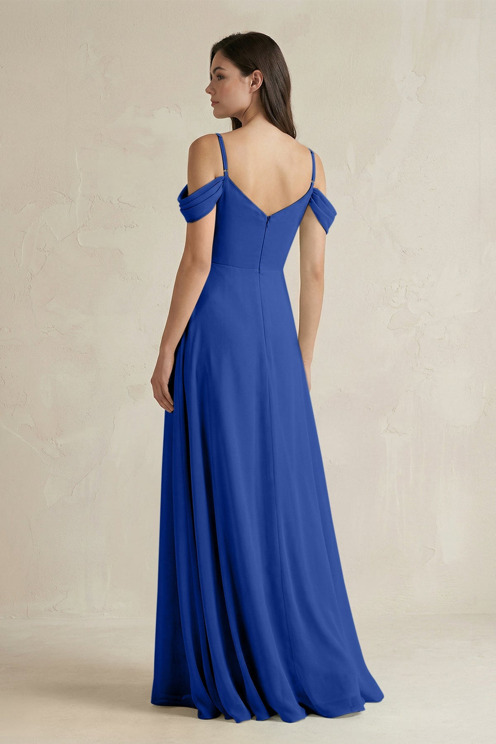 Off - the - Shoulder Chiffon A - Line Bridesmaid Dress in Royal Blue - SHE IS ME Bridesmaid Dresses