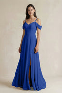Off - the - Shoulder Chiffon A - Line Bridesmaid Dress in Royal Blue - SHE IS ME Bridesmaid Dresses