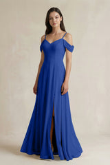 Off - the - Shoulder Chiffon A - Line Bridesmaid Dress in Royal Blue - KISS BRIDAL Bridesmaid Dresses