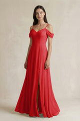 Off - the - Shoulder Chiffon A - Line Bridesmaid Dress in Ruby Red - KISS BRIDAL Bridesmaid Dresses