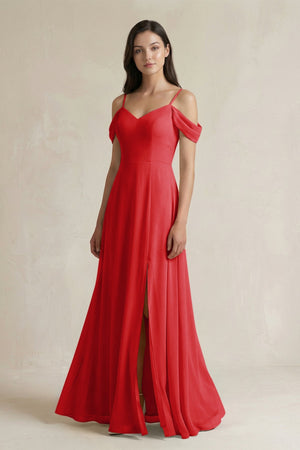 Off - the - Shoulder Chiffon A - Line Bridesmaid Dress in Ruby Red - SHE IS ME Bridesmaid Dresses