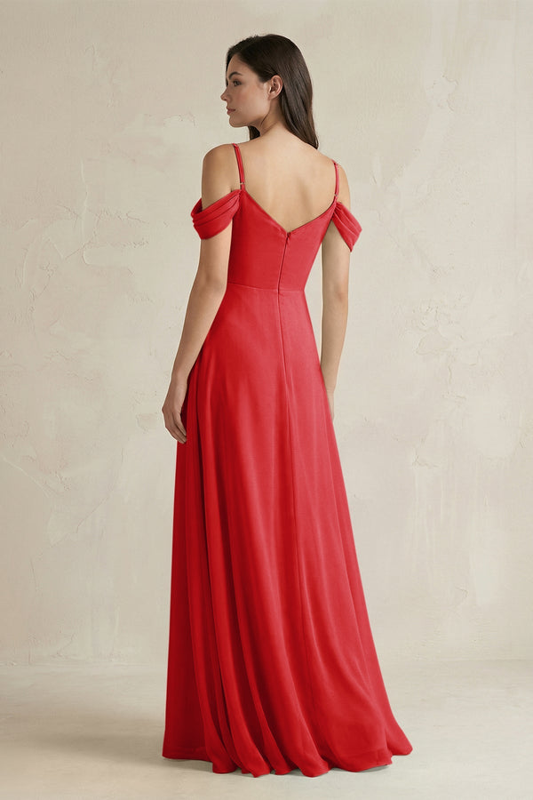 Off - the - Shoulder Chiffon A - Line Bridesmaid Dress in Ruby Red - SHE IS ME Bridesmaid Dresses