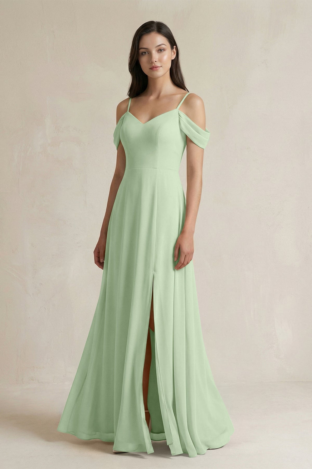 Off - the - Shoulder Chiffon A - Line Bridesmaid Dress in Sage - SHE IS ME Bridesmaid Dresses