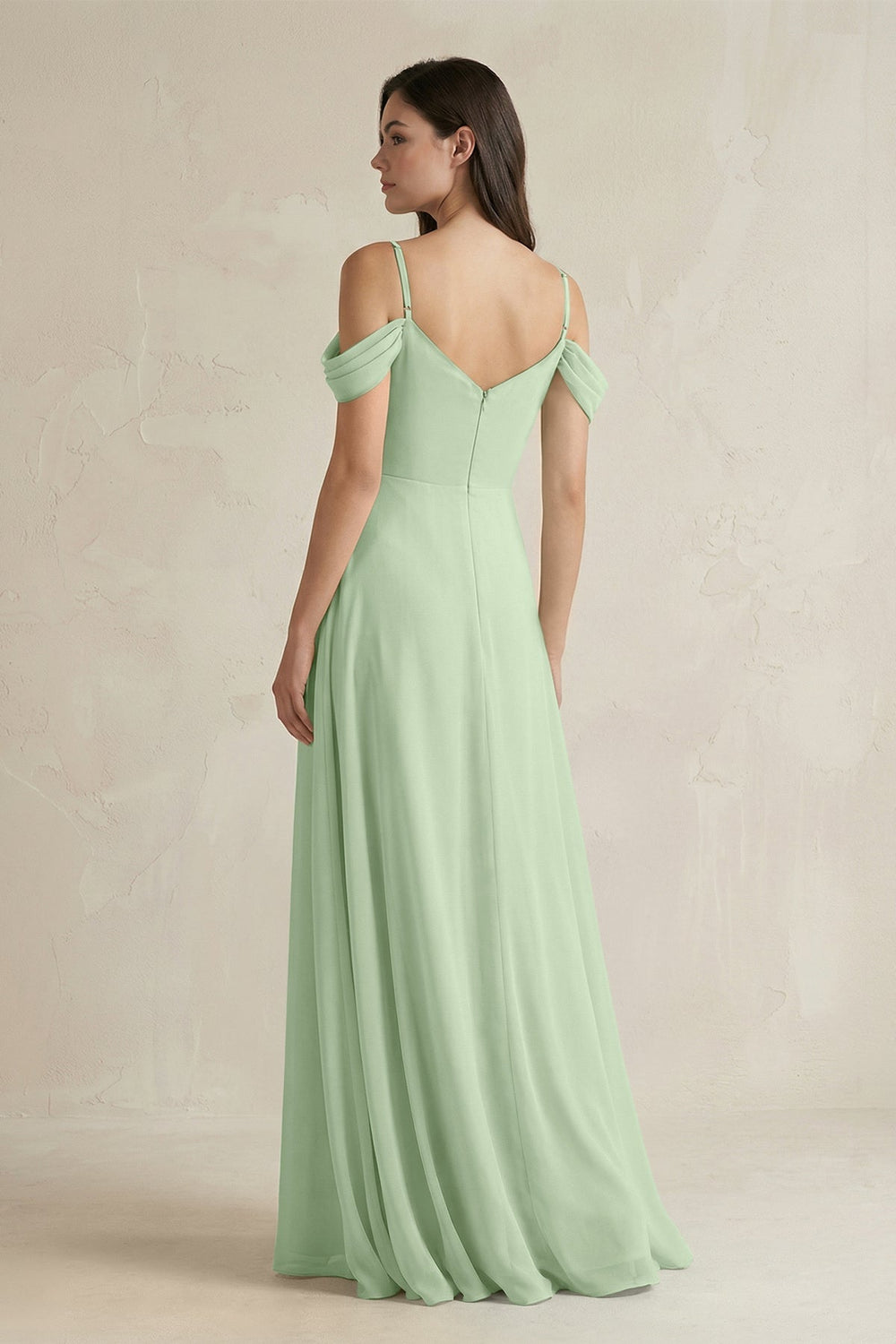 Off - the - Shoulder Chiffon A - Line Bridesmaid Dress in Sage - SHE IS ME Bridesmaid Dresses