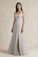 Off - the - Shoulder Chiffon A - Line Bridesmaid Dress in Silver - SHE IS ME Bridesmaid Dresses