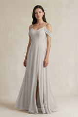Off - the - Shoulder Chiffon A - Line Bridesmaid Dress in Silver - KISS BRIDAL Bridesmaid Dresses