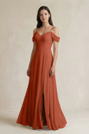Off - the - Shoulder Chiffon A - Line Bridesmaid Dress in Spice - SHE IS ME Bridesmaid Dresses