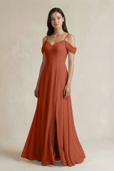 Off - the - Shoulder Chiffon A - Line Bridesmaid Dress in Spice - KISS BRIDAL Bridesmaid Dresses