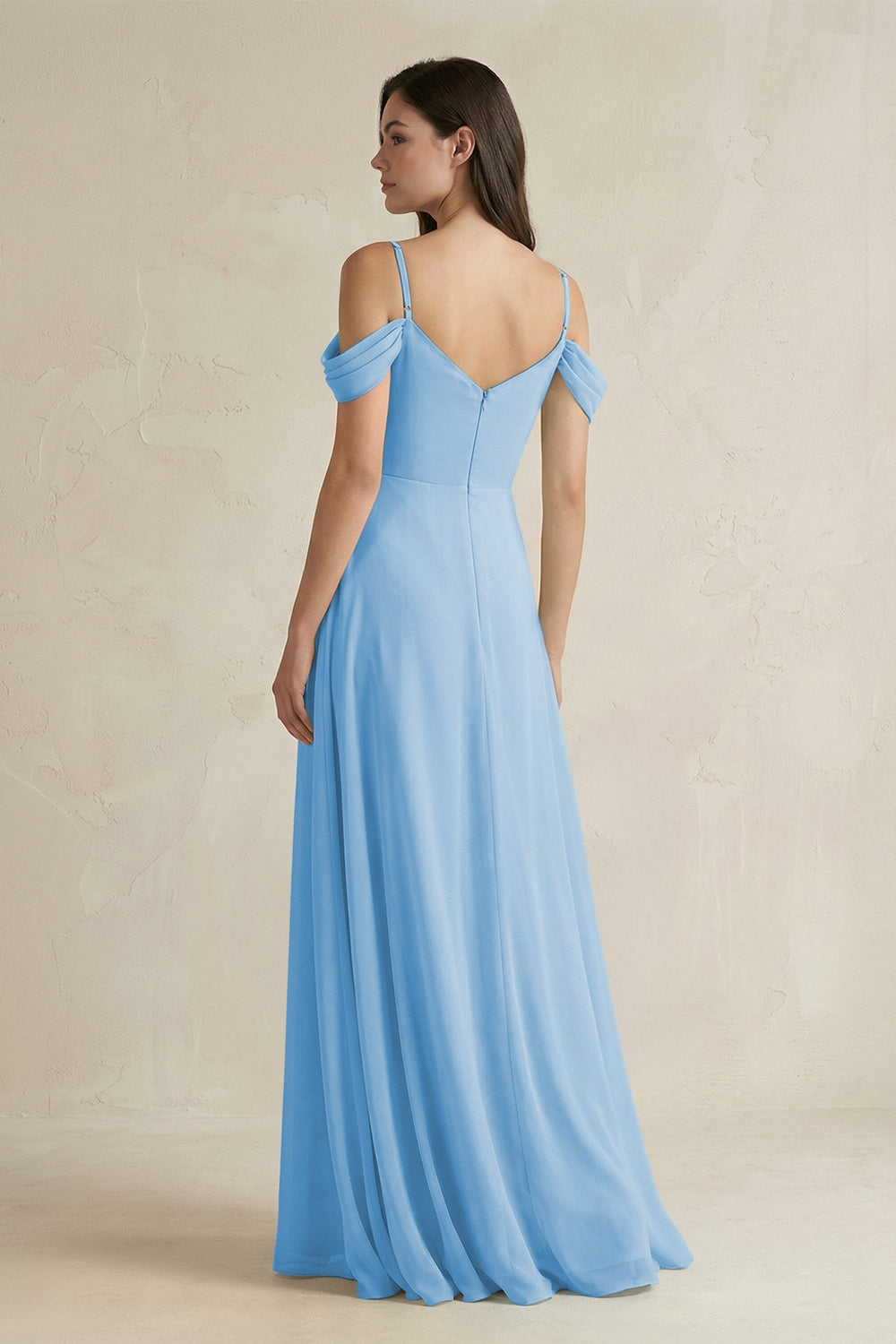 Off - the - Shoulder Chiffon A - Line Bridesmaid Dress in Steel Blue - SHE IS ME Bridesmaid Dresses