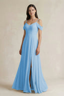 Off - the - Shoulder Chiffon A - Line Bridesmaid Dress in Steel Blue - SHE IS ME Bridesmaid Dresses