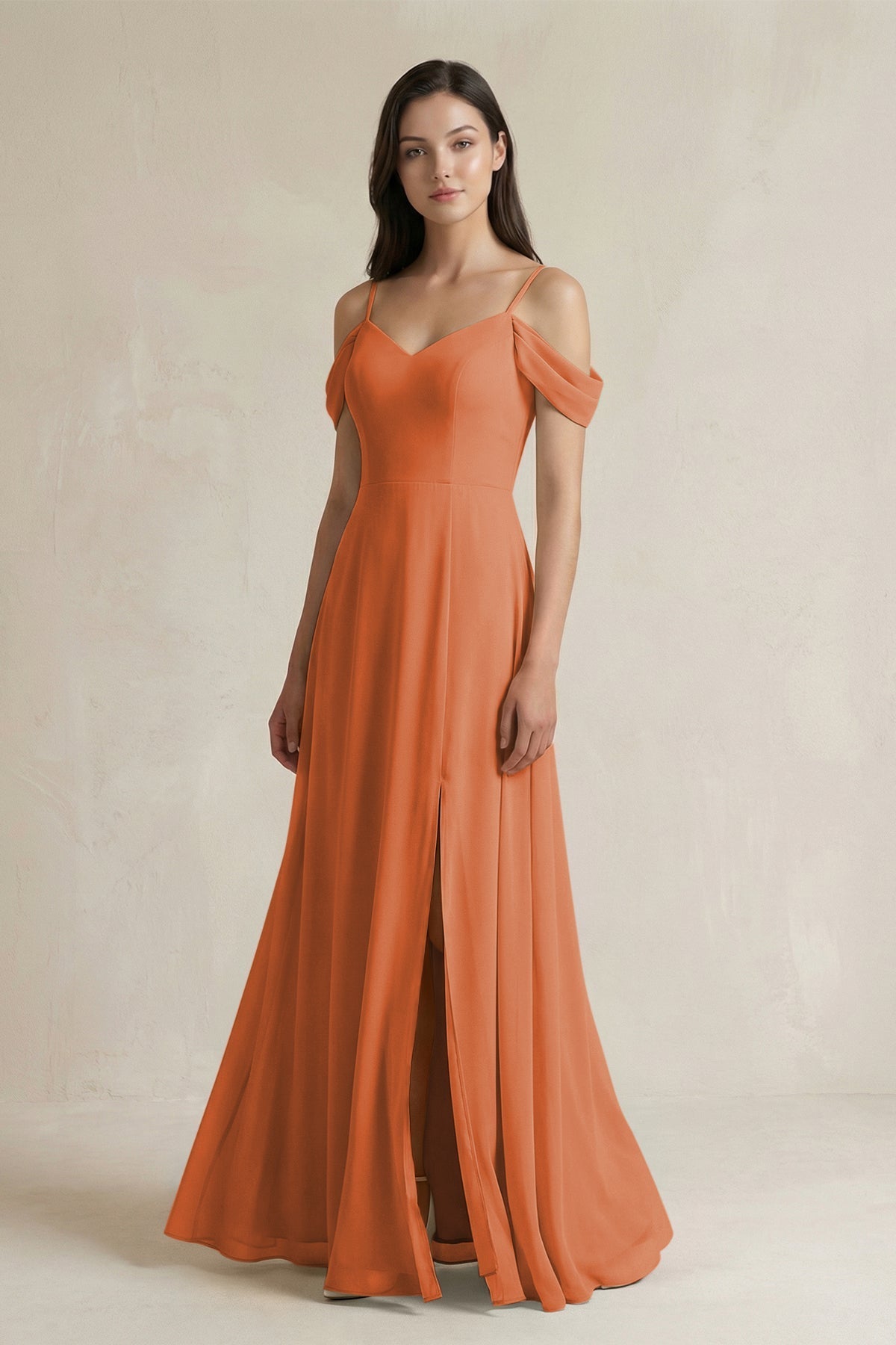 Off - the - Shoulder Chiffon A - Line Bridesmaid Dress in Terracotta - KISS BRIDAL Bridesmaid Dresses