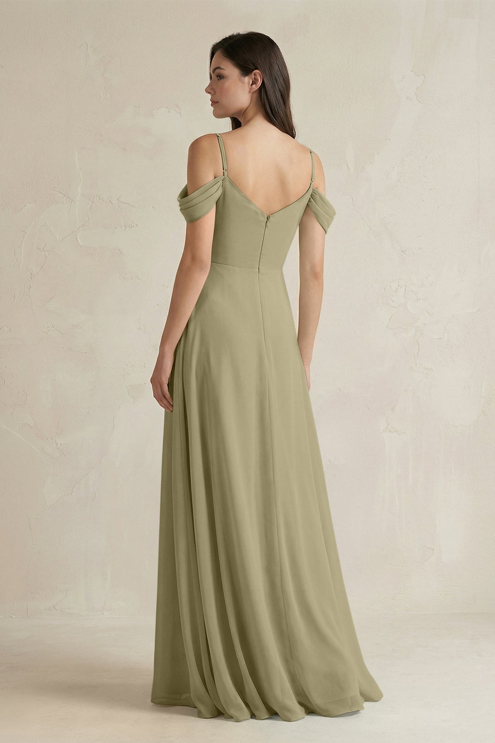 Off - the - Shoulder Chiffon A - Line Bridesmaid Dress in Thyme - SHE IS ME Bridesmaid Dresses