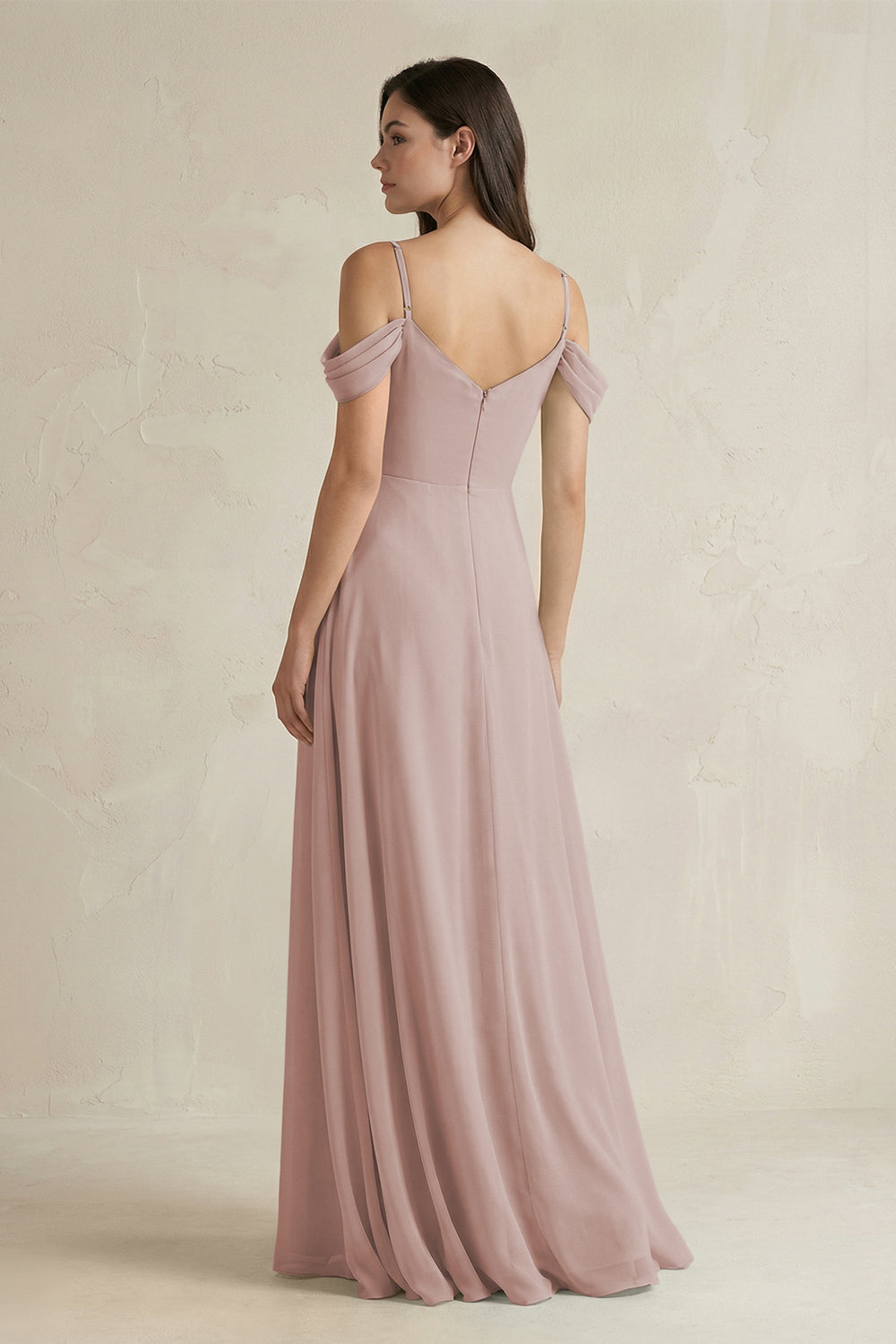 Off-the-Shoulder Chiffon A-Line Bridesmaid Dress in Toffee