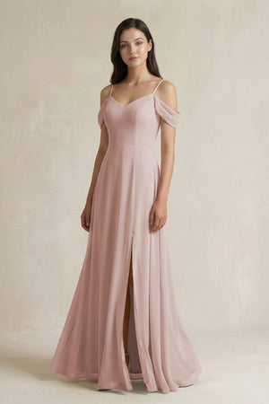 Off - the - Shoulder Chiffon A - Line Bridesmaid Dress in Toffee - SHE IS ME Bridesmaid Dresses