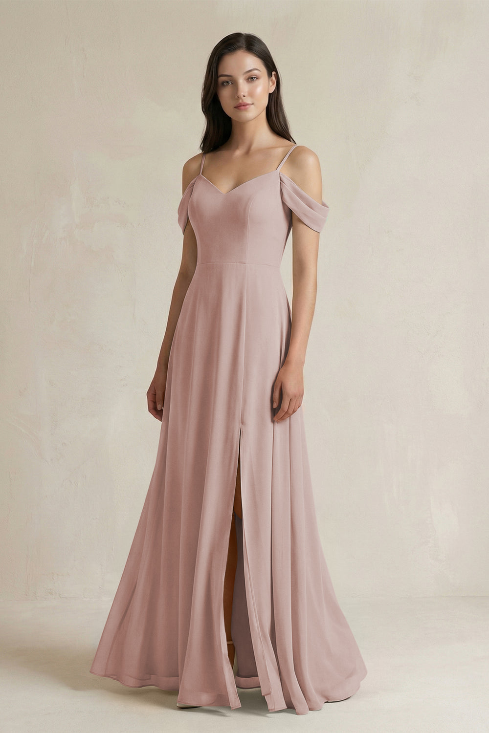 Off-the-Shoulder Chiffon A-Line Bridesmaid Dress in Toffee