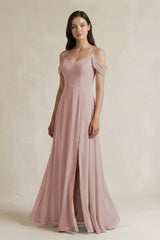 Off-the-Shoulder Chiffon A-Line Bridesmaid Dress in Toffee | KISSBRIDAL