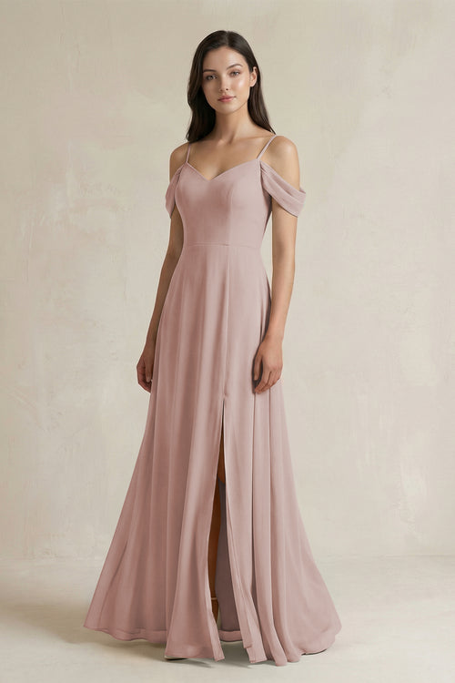 Off-the-Shoulder Chiffon A-Line Bridesmaid Dress in Toffee | KISSBRIDAL