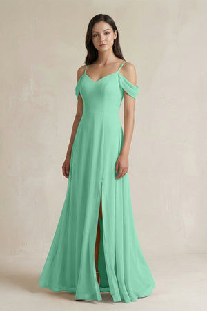 Off - the - Shoulder Chiffon A - Line Bridesmaid Dress in Turquoise - SHE IS ME Bridesmaid Dresses