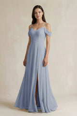 Off - the - Shoulder Chiffon A - Line Bridesmaid Dress in Twilight - KISS BRIDAL Bridesmaid Dresses