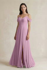 Off - the - Shoulder Chiffon A - Line Bridesmaid Dress in Wisteria - KISS BRIDAL Bridesmaid Dresses