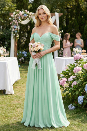 Off - the - Shoulder Chiffon A - Line Long Bridesmaid Dress - SHE IS ME Bridesmaid Dresses