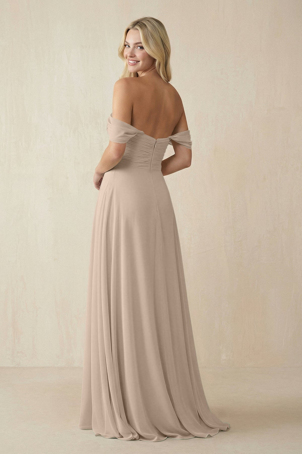 Off - the - Shoulder Chiffon A - Line Long Bridesmaid Dress in Almond - KISS BRIDAL Bridesmaid Dresses