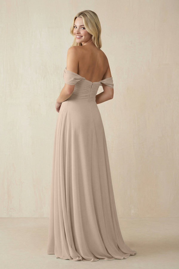 Off - the - Shoulder Chiffon A - Line Long Bridesmaid Dress in Almond - KISS BRIDAL Bridesmaid Dresses