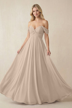 Off - the - Shoulder Chiffon A - Line Long Bridesmaid Dress in Almond - KISS BRIDAL Bridesmaid Dresses