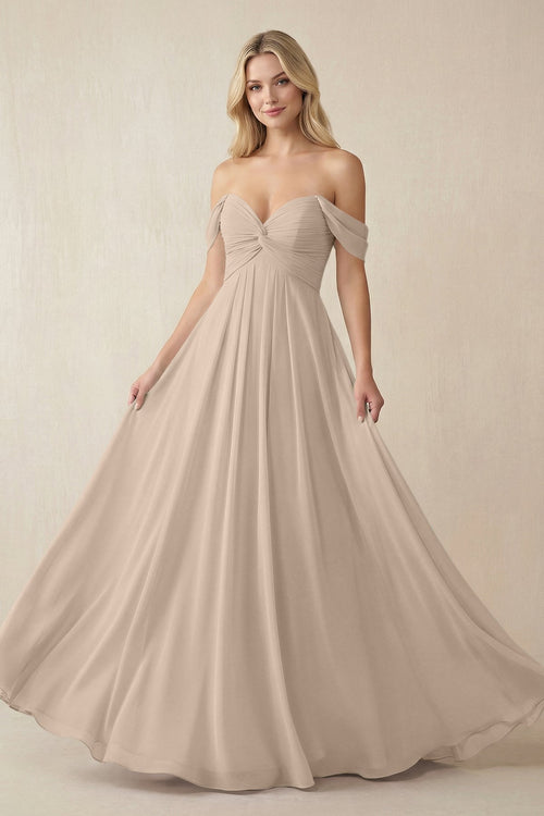 Off - the - Shoulder Chiffon A - Line Long Bridesmaid Dress in Almond - KISS BRIDAL Bridesmaid Dresses