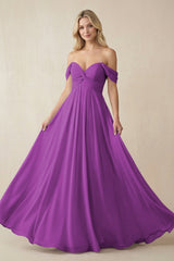 Off - the - Shoulder Chiffon A - Line Long Bridesmaid Dress in Amethyst - KISS BRIDAL Bridesmaid Dresses