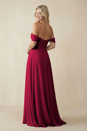 Off - the - Shoulder Chiffon A - Line Long Bridesmaid Dress in Berry - KISS BRIDAL Bridesmaid Dresses