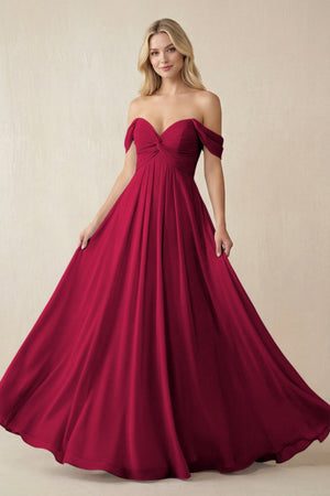 Off - the - Shoulder Chiffon A - Line Long Bridesmaid Dress in Berry - KISS BRIDAL Bridesmaid Dresses