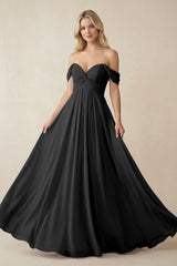 Off - the - Shoulder Chiffon A - Line Long Bridesmaid Dress in Black - KISS BRIDAL Bridesmaid Dresses