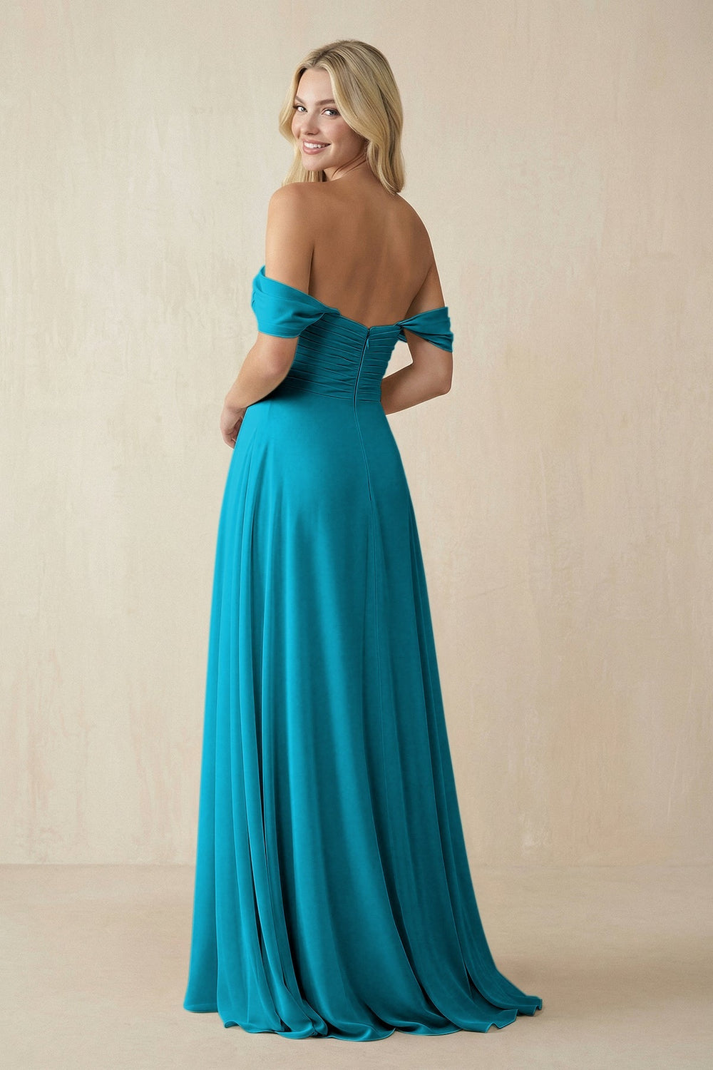 Off - the - Shoulder Chiffon A - Line Long Bridesmaid Dress in Blue Jay - KISS BRIDAL Bridesmaid Dresses