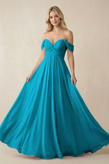Off - the - Shoulder Chiffon A - Line Long Bridesmaid Dress in Blue Jay - KISS BRIDAL Bridesmaid Dresses