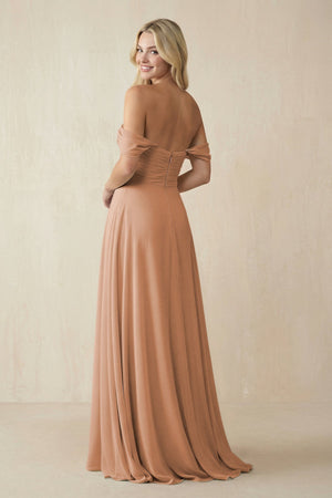 Off - the - Shoulder Chiffon A - Line Long Bridesmaid Dress in Bronzer - SHE IS ME Bridesmaid Dresses