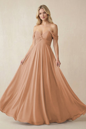 Off - the - Shoulder Chiffon A - Line Long Bridesmaid Dress in Bronzer - SHE IS ME Bridesmaid Dresses