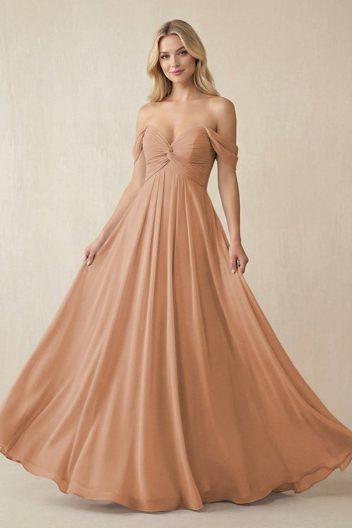 Off - the - Shoulder Chiffon A - Line Long Bridesmaid Dress in Bronzer - SHE IS ME Bridesmaid Dresses