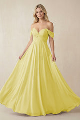 Off - the - Shoulder Chiffon A - Line Long Bridesmaid Dress in Buttercup - KISS BRIDAL Bridesmaid Dresses