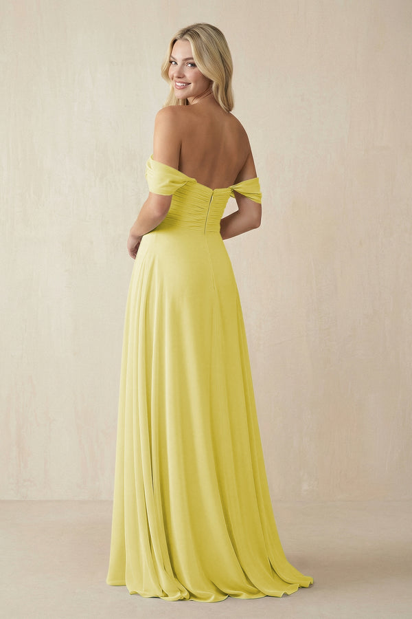 Off - the - Shoulder Chiffon A - Line Long Bridesmaid Dress in Buttercup - KISS BRIDAL Bridesmaid Dresses