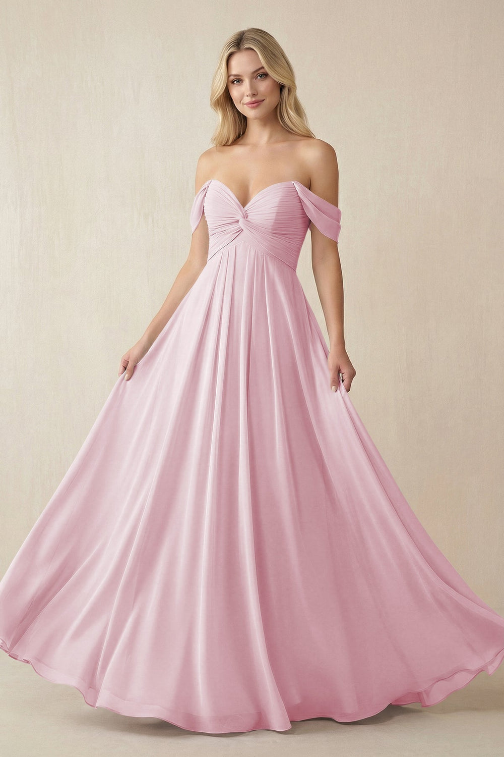 Off - the - Shoulder Chiffon A - Line Long Bridesmaid Dress in Candy Pink - SHE IS ME Bridesmaid Dresses