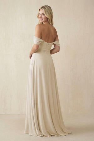 Off - the - Shoulder Chiffon A - Line Long Bridesmaid Dress in Champagne - SHE IS ME Bridesmaid Dresses