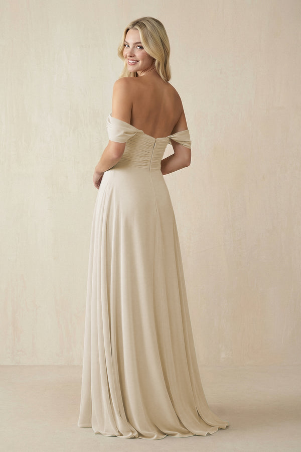 Off - the - Shoulder Chiffon A - Line Long Bridesmaid Dress in Champagne - SHE IS ME Bridesmaid Dresses