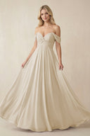 Off - the - Shoulder Chiffon A - Line Long Bridesmaid Dress in Champagne - SHE IS ME Bridesmaid Dresses