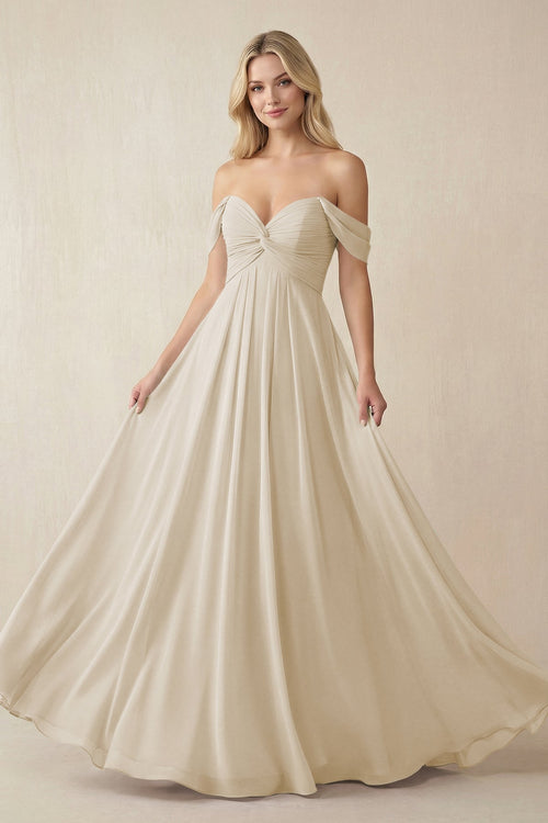 Off - the - Shoulder Chiffon A - Line Long Bridesmaid Dress in Champagne - SHE IS ME Bridesmaid Dresses