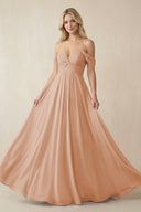 Off - the - Shoulder Chiffon A - Line Long Bridesmaid Dress in Champagne Rose - SHE IS ME Bridesmaid Dresses